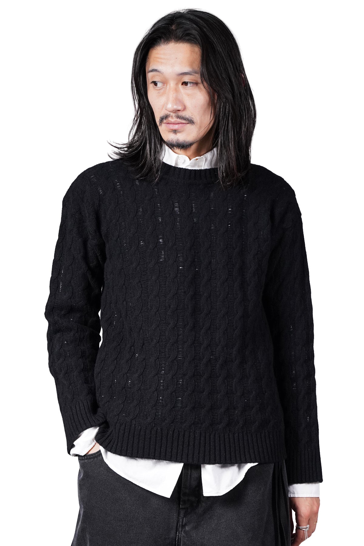 TRISTAN CABLE KNIT LADDER STITCH CREW NECK SWEATER