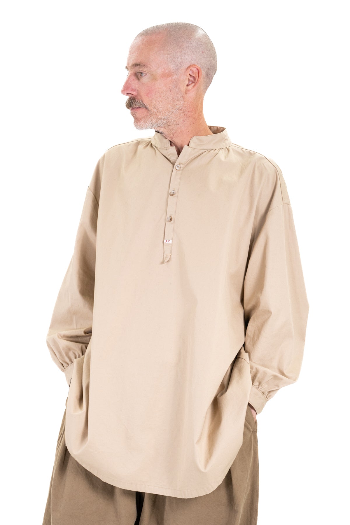 GABARDINE STAND COLLAR LONG SMOCK SHIRT