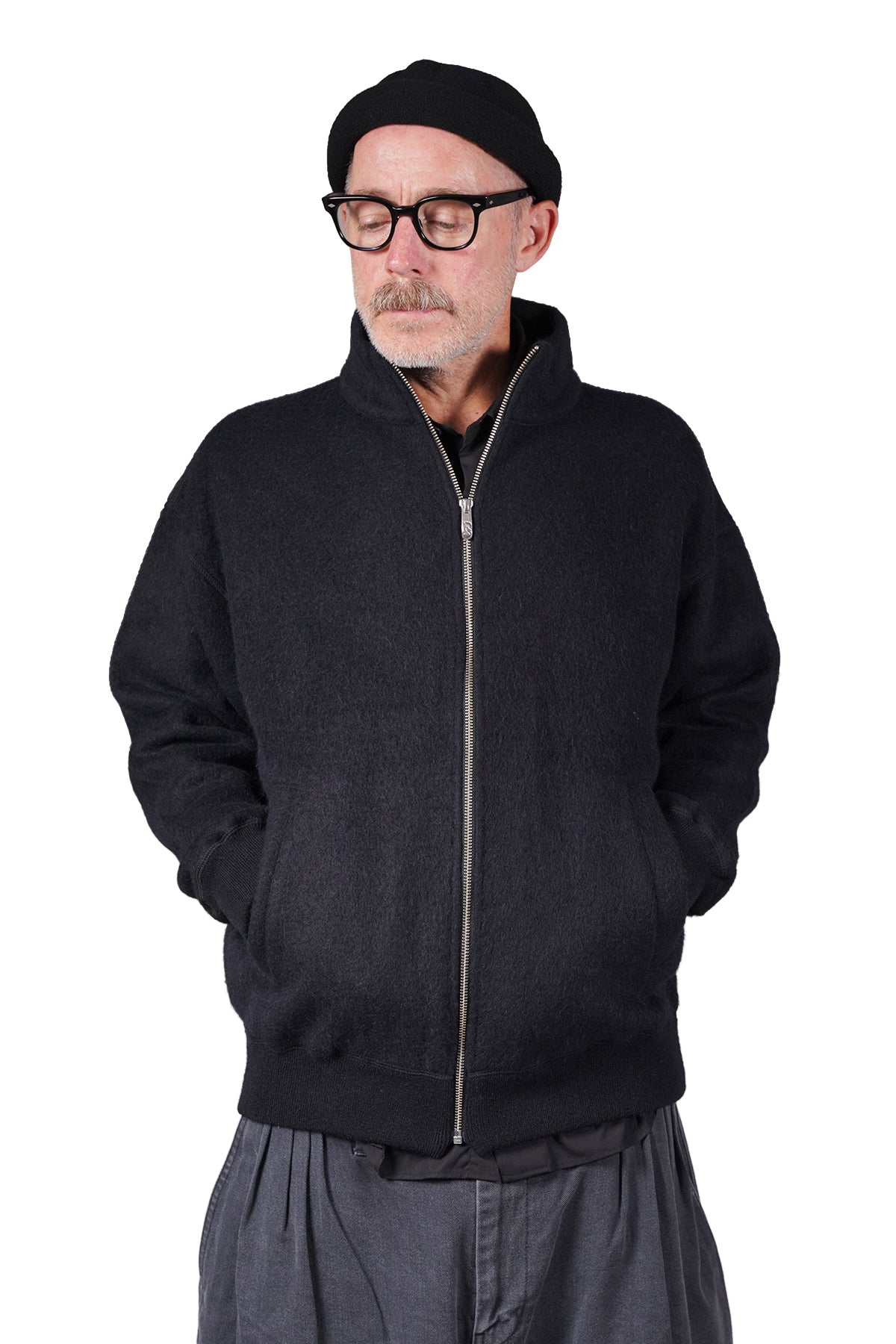 BABY ALPACA / CASHMERE DOUBLE FACE ZIP UP JACKET W / SILVER ZIPPER