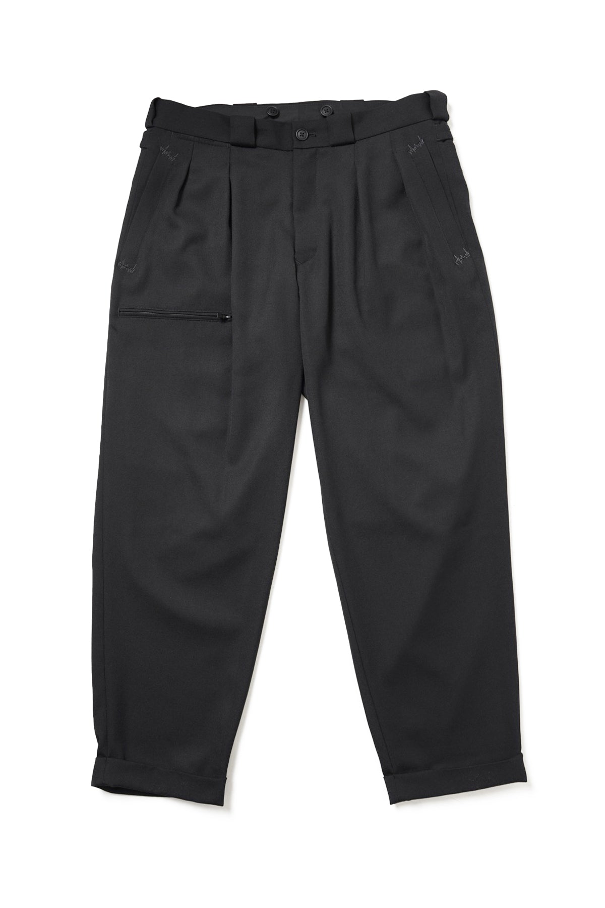 WOOL GABARDINE PANTS WITH SUSPENDER BUTTONS AND ADJUSTABLE SIDE TABS